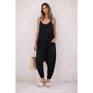 ANRABESS Black Harem Jumpsuit XL Sleeveless Loose Fit Pockets Casual